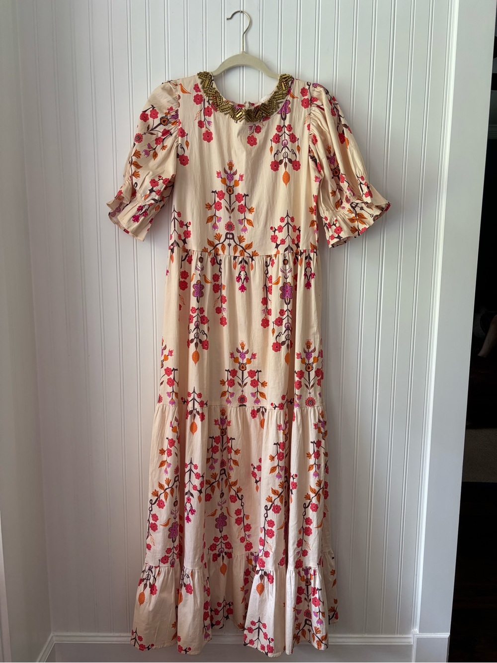 SHERIDAN FRENCH Bohemian Floral Maxi Dress in Cream with Pink & Orange Embroider